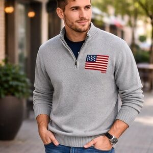 Chaps Gray Zip-Up Sweater with Flag Detail